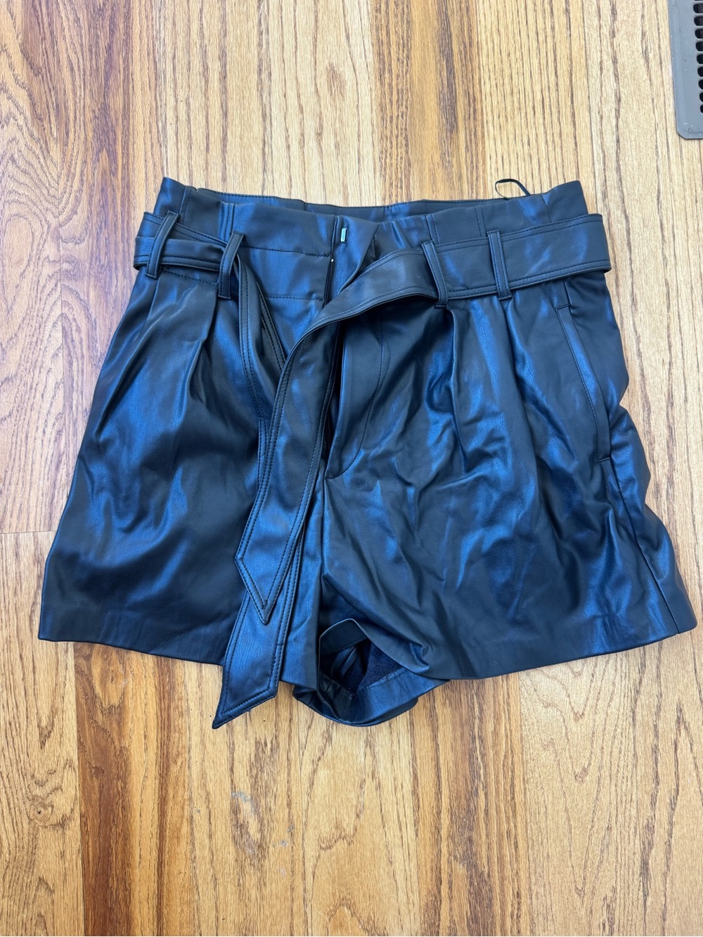 Zara Black High-Waist Faux Leather Tie-Belt Shorts